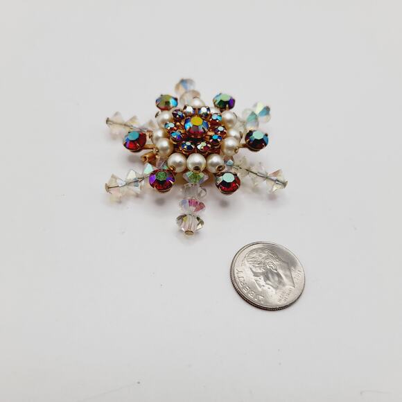 Vintage Snowflake Faux Pearl Red Rhinestone Clear Crystal Beaded Brooch - 2” - Picture 6 of 6